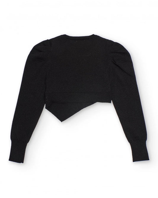 Black cropped knit sweater with asymmetrical design for girls