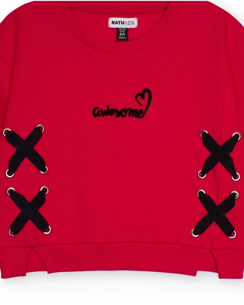 Red sweatshirt for girls with criss-cross bows