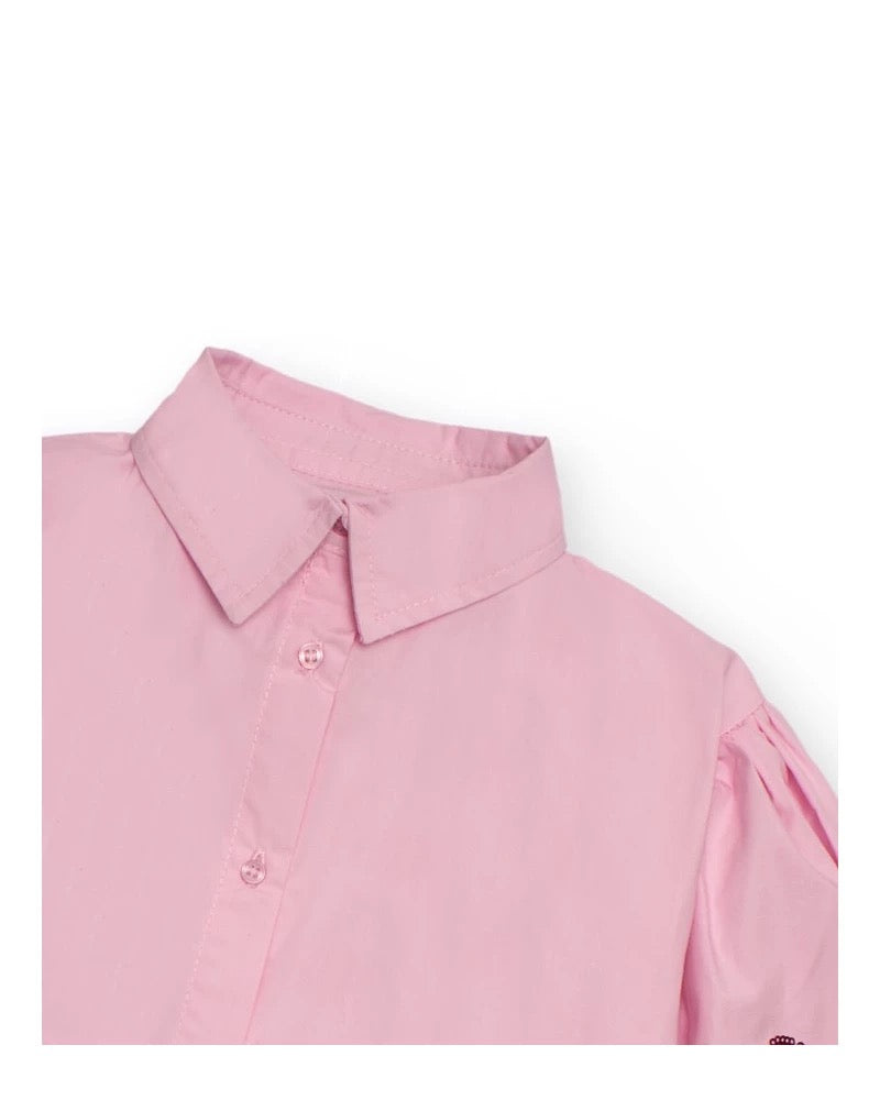 Pink shirt for girls with floral embroidery on sleeves
