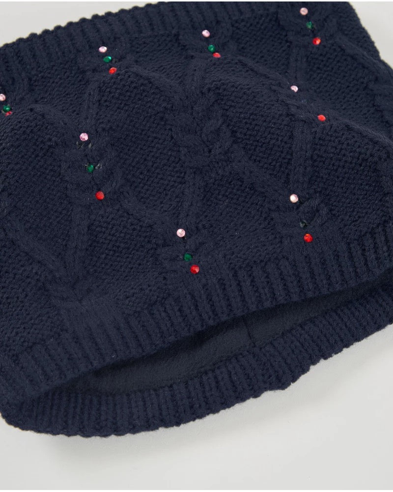 Girls’ navy blue knit hat and neck warmer set with faux fur pom-pom