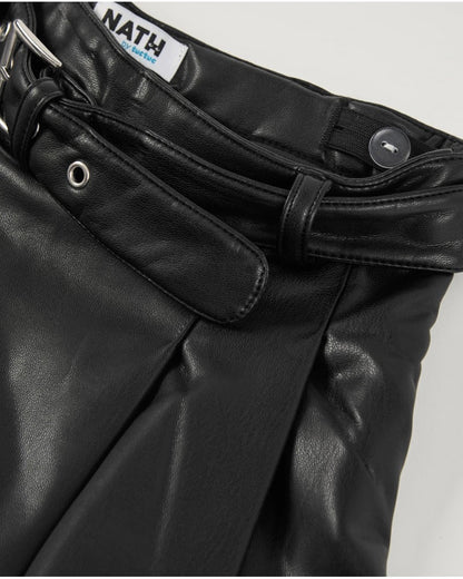 Girls’ black faux leather skirt with belt