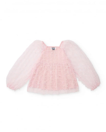 Girls’ pink tulle blouse with puff sleeves