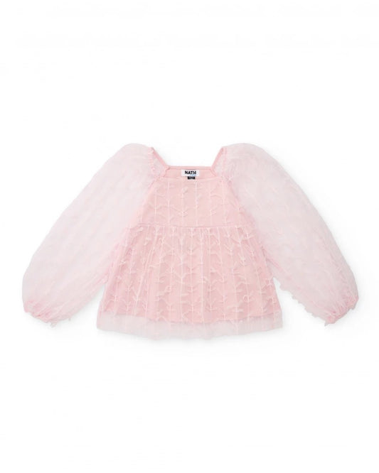 Girls’ pink tulle blouse with puff sleeves
