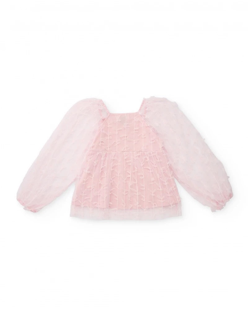 Girls’ pink tulle blouse with puff sleeves