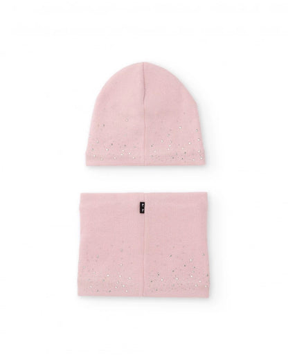 Girls’ pink knit hat and neck warmer set with strass details