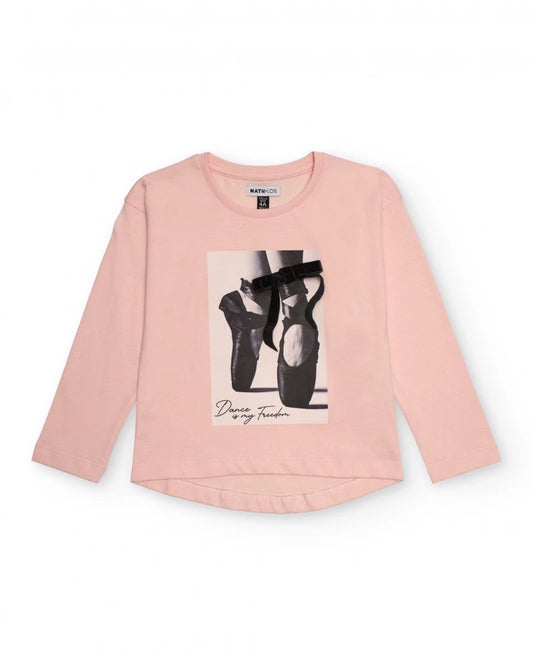 Pink t-shirt for girls with ballet shoes print