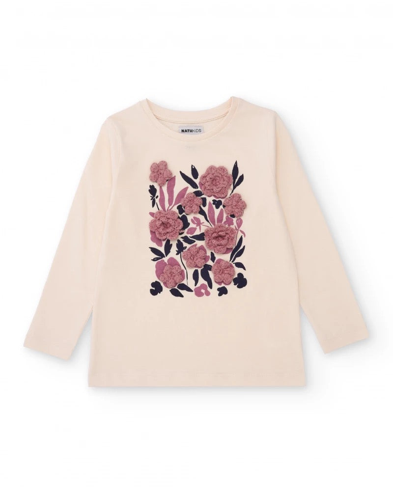 Long-sleeved off-white t-shirt for girls with floral appliqués