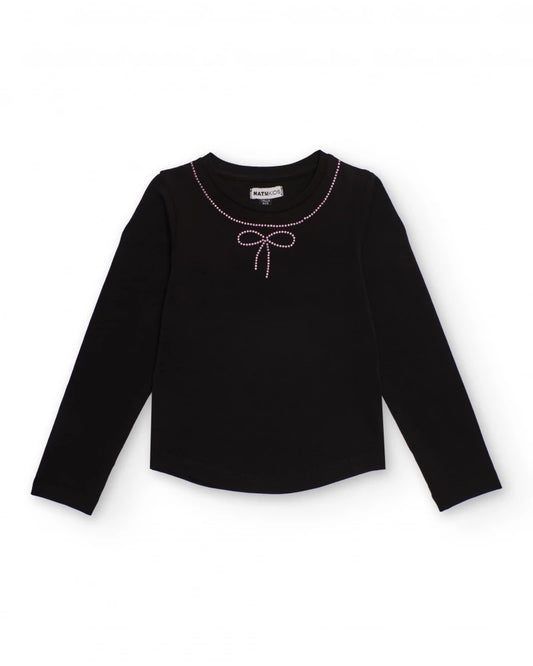 Black long-sleeve t-shirt with rhinestone bow detail for girls
