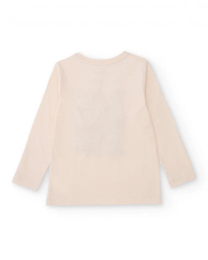 Long-sleeved off-white t-shirt for girls with floral appliqués