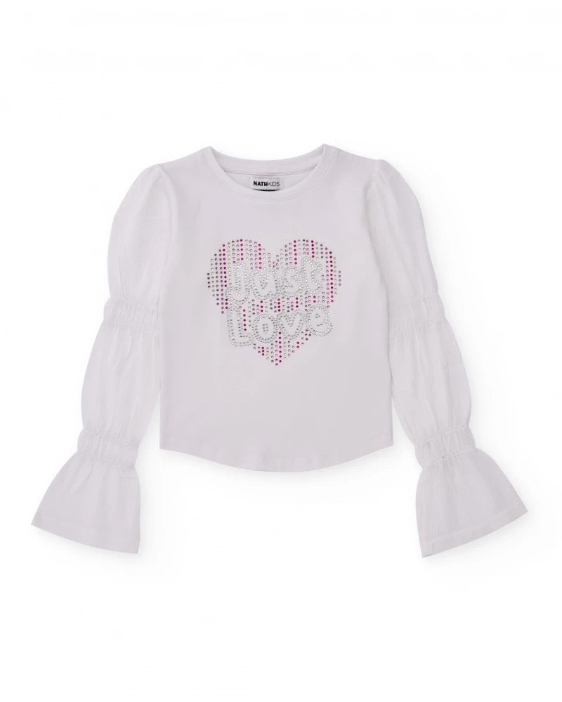 White t-shirt for girls with embellishments and flared sleeves