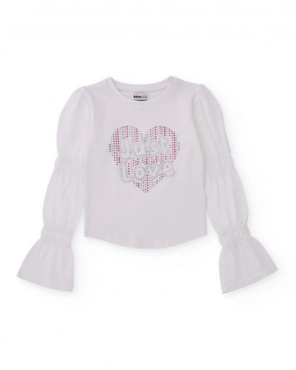 White t-shirt for girls with embellishments and flared sleeves