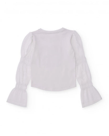 White t-shirt for girls with embellishments and flared sleeves