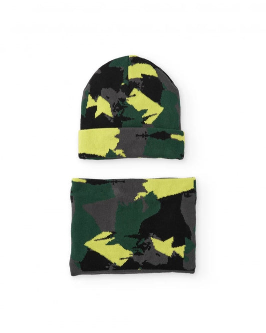 Boys’ knit set with hat and neck warmer in green and yellow camouflage print