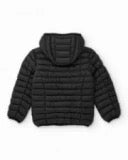 Padded jacket for boy in black with hood and zip closure