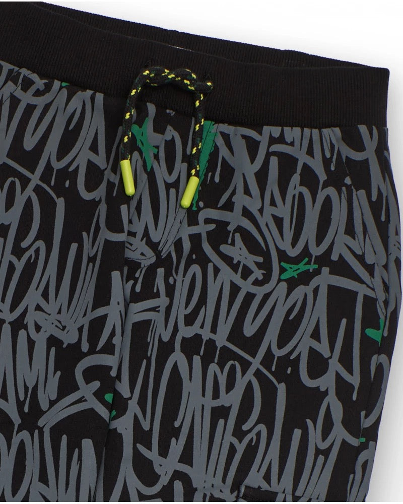 Black jogger pants for boys with urban graphic print