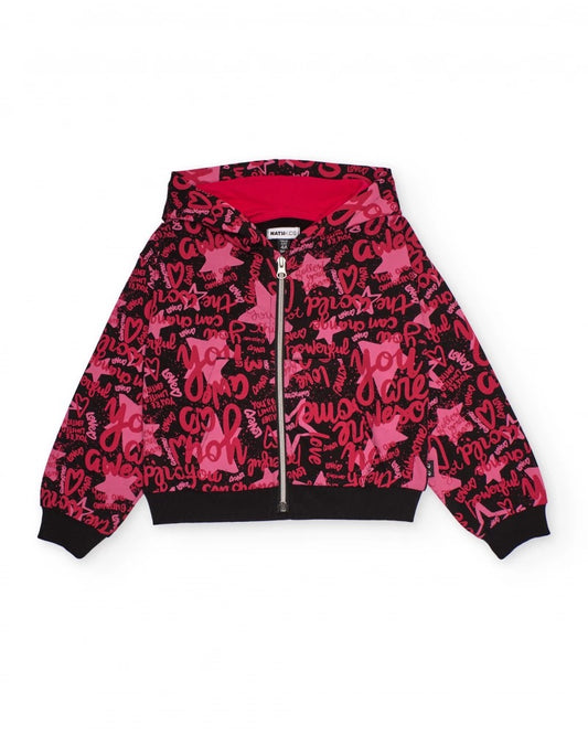 Hooded sweatshirt for girls in fuchsia tones with typographic print
