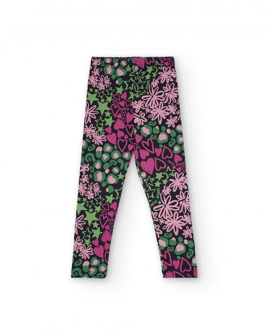 Girls’ multicolor leggings with hearts and flowers print