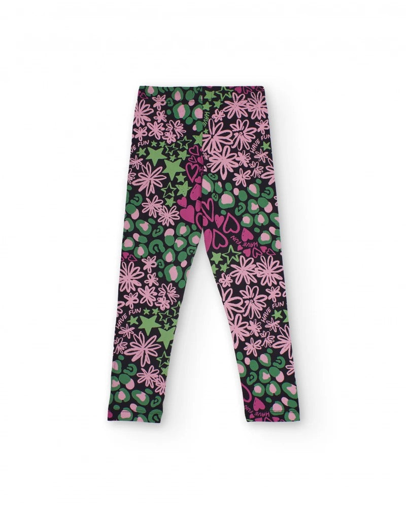 Girls’ multicolor leggings with hearts and flowers print