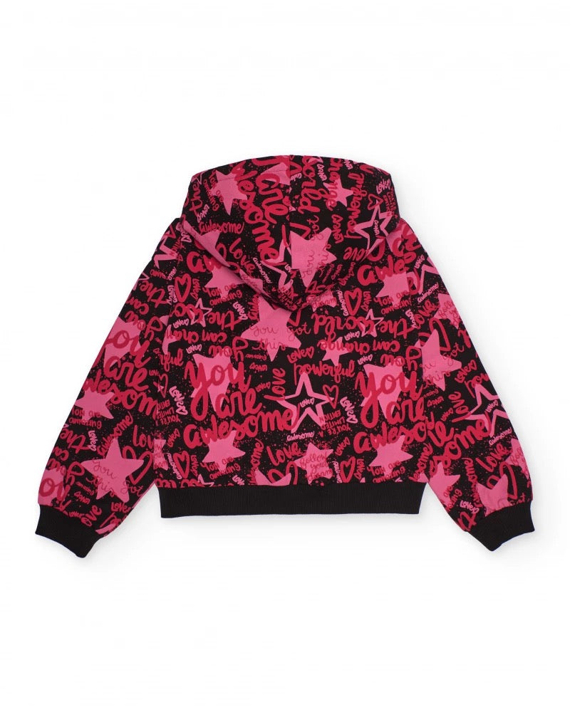 Hooded sweatshirt for girls in fuchsia tones with typographic print