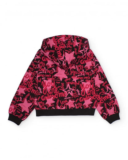Hooded sweatshirt for girls in fuchsia tones with typographic print