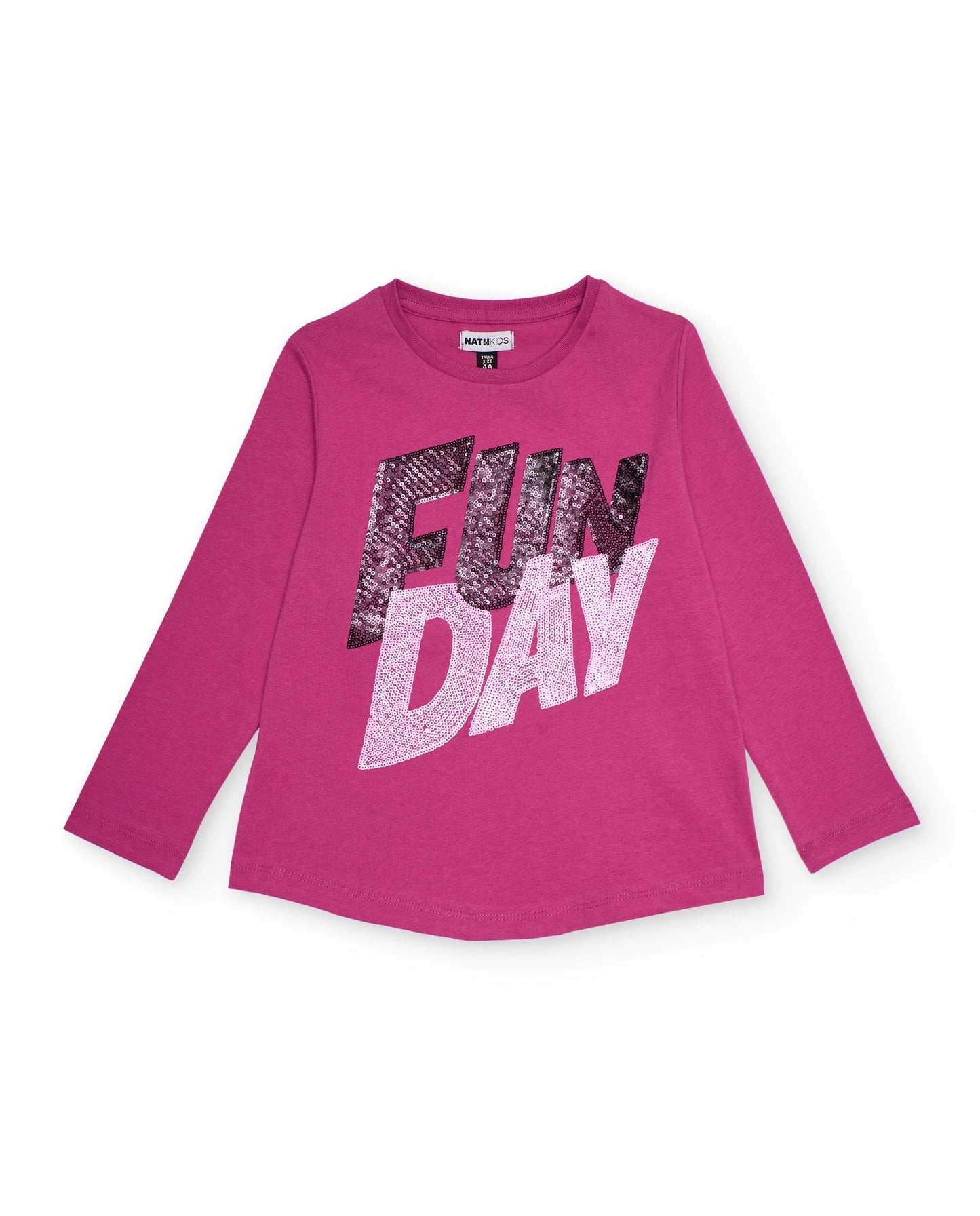 Fuchsia long sleeve T-shirt with "FUN DAY" print