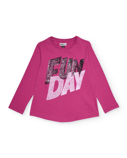 Fuchsia long sleeve T-shirt with "FUN DAY" print