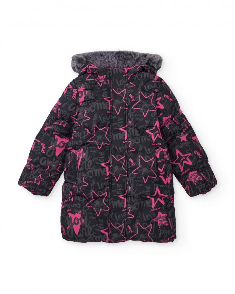 Girls’ padded coat with stars and slogan print