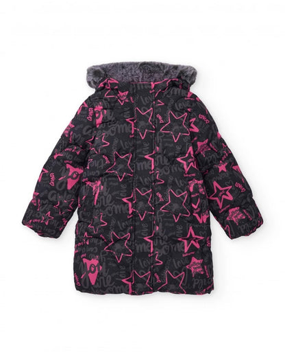 Girls’ padded coat with stars and slogan print