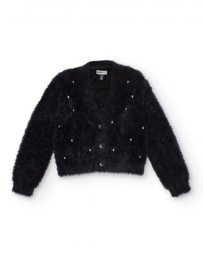 Black knitted cardigan for girls with shiny appliqués
