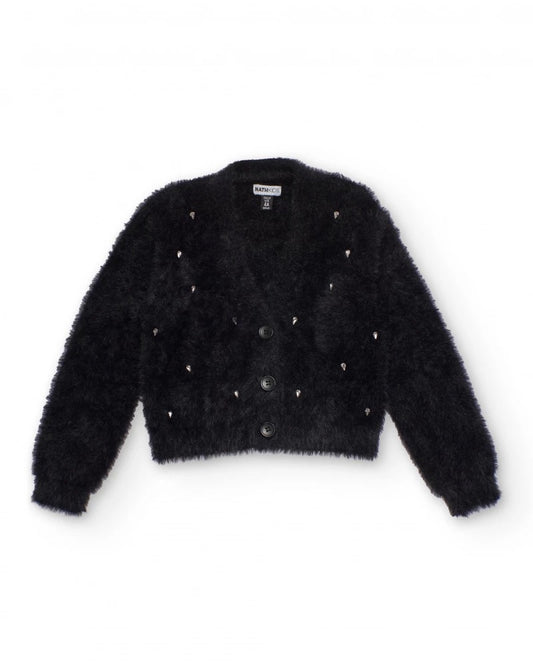 Black knitted cardigan for girls with shiny appliqués