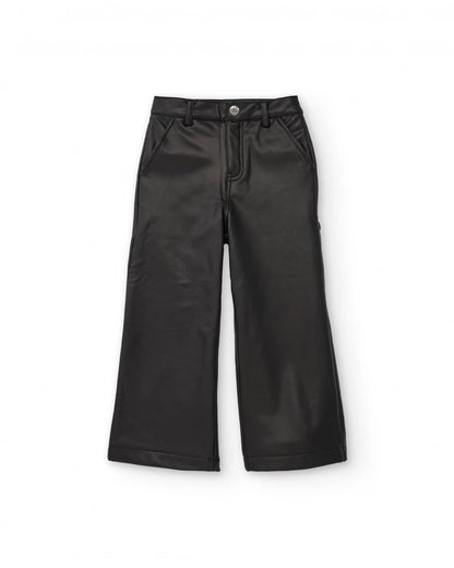 Girls’ black faux leather wide-leg trousers