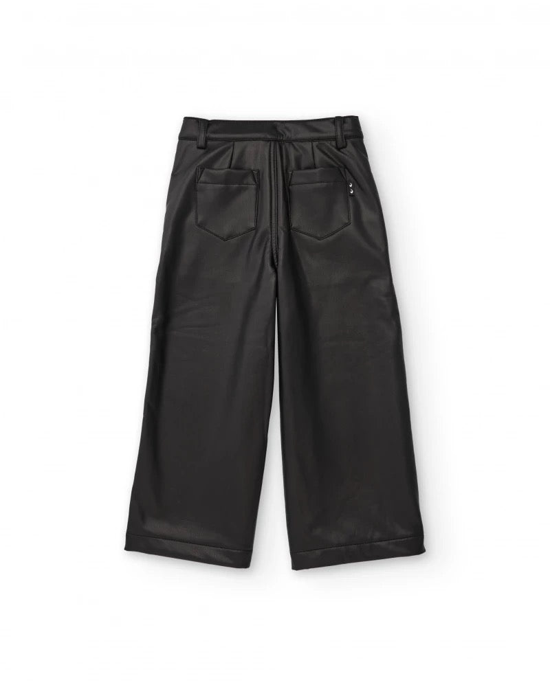 Girls’ black faux leather wide-leg trousers