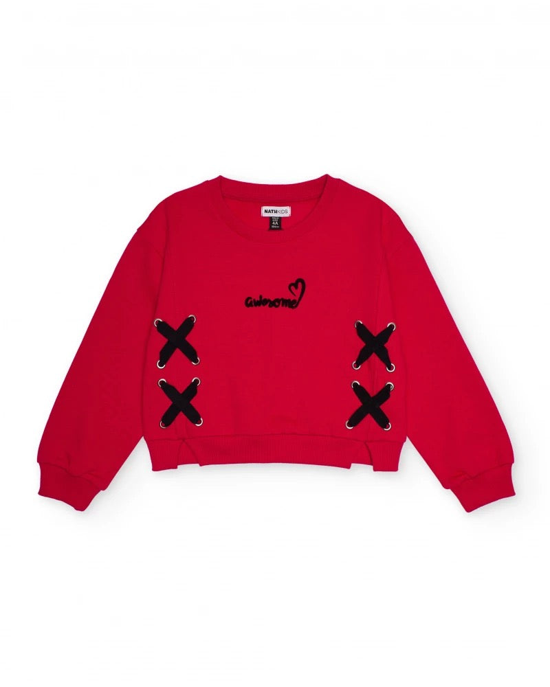 Red sweatshirt for girls with criss-cross bows
