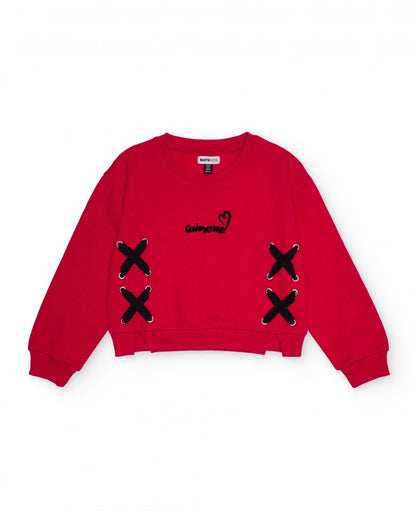 Red sweatshirt for girls with criss-cross bows