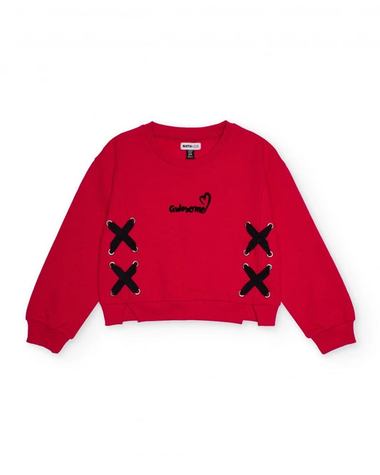 Red sweatshirt for girls with criss-cross bows