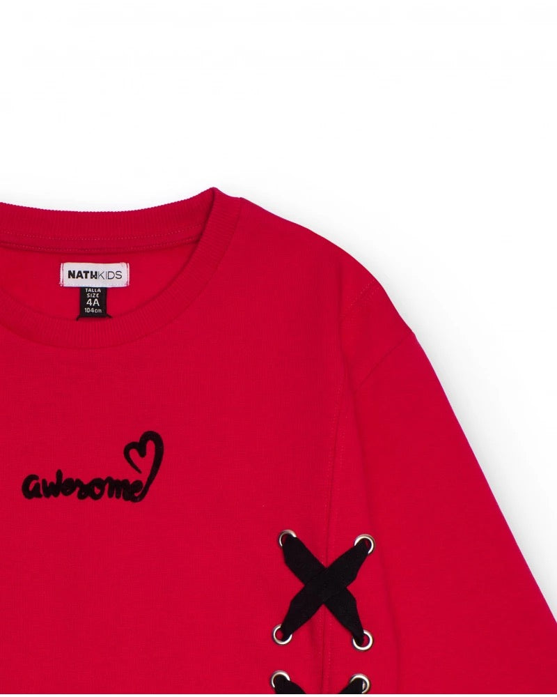 Red sweatshirt for girls with criss-cross bows
