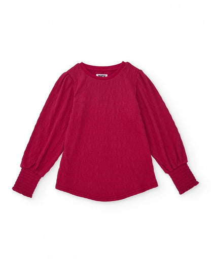 Girls’ red textured top with puff long sleeves