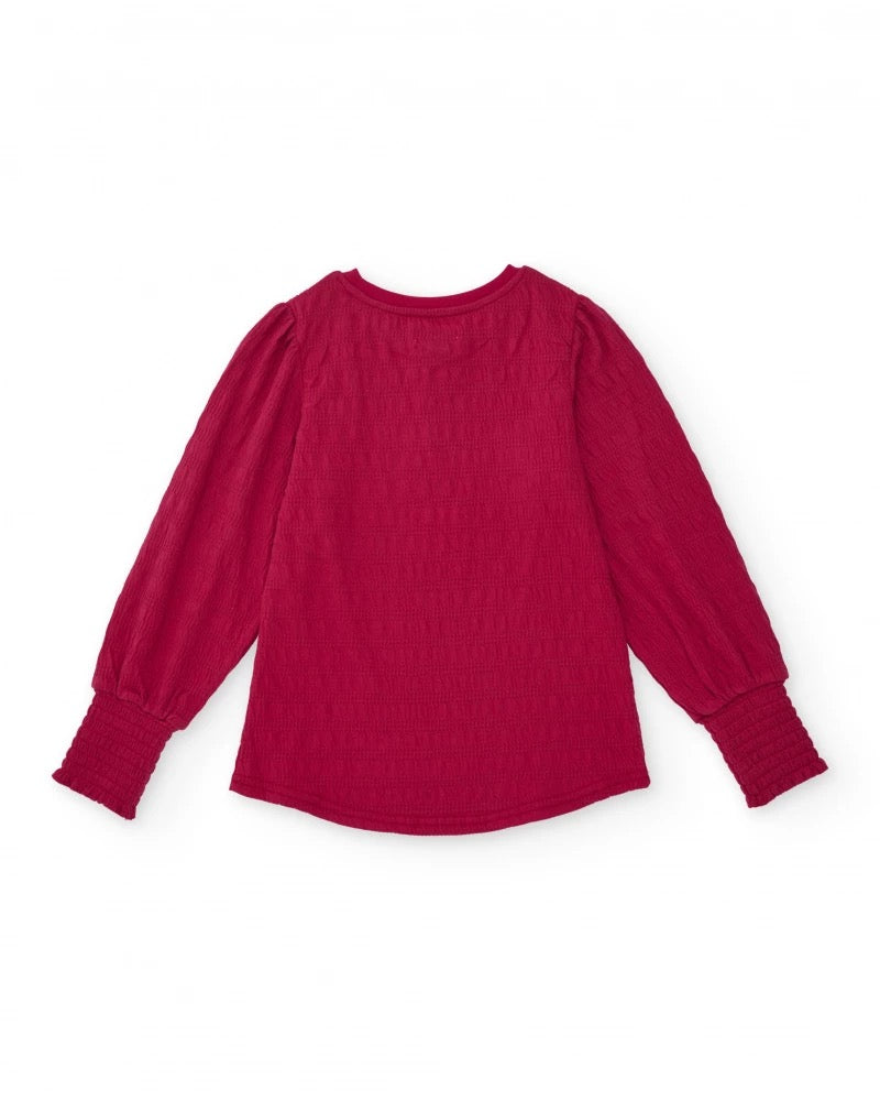 Girls’ red textured top with puff long sleeves