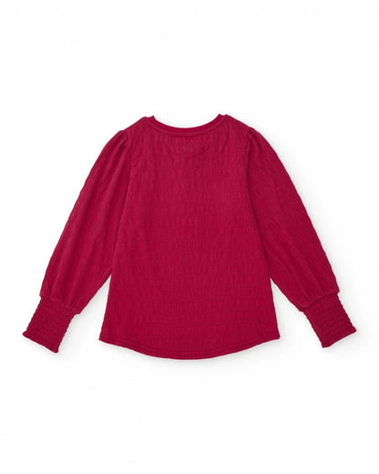 Girls’ red textured top with puff long sleeves