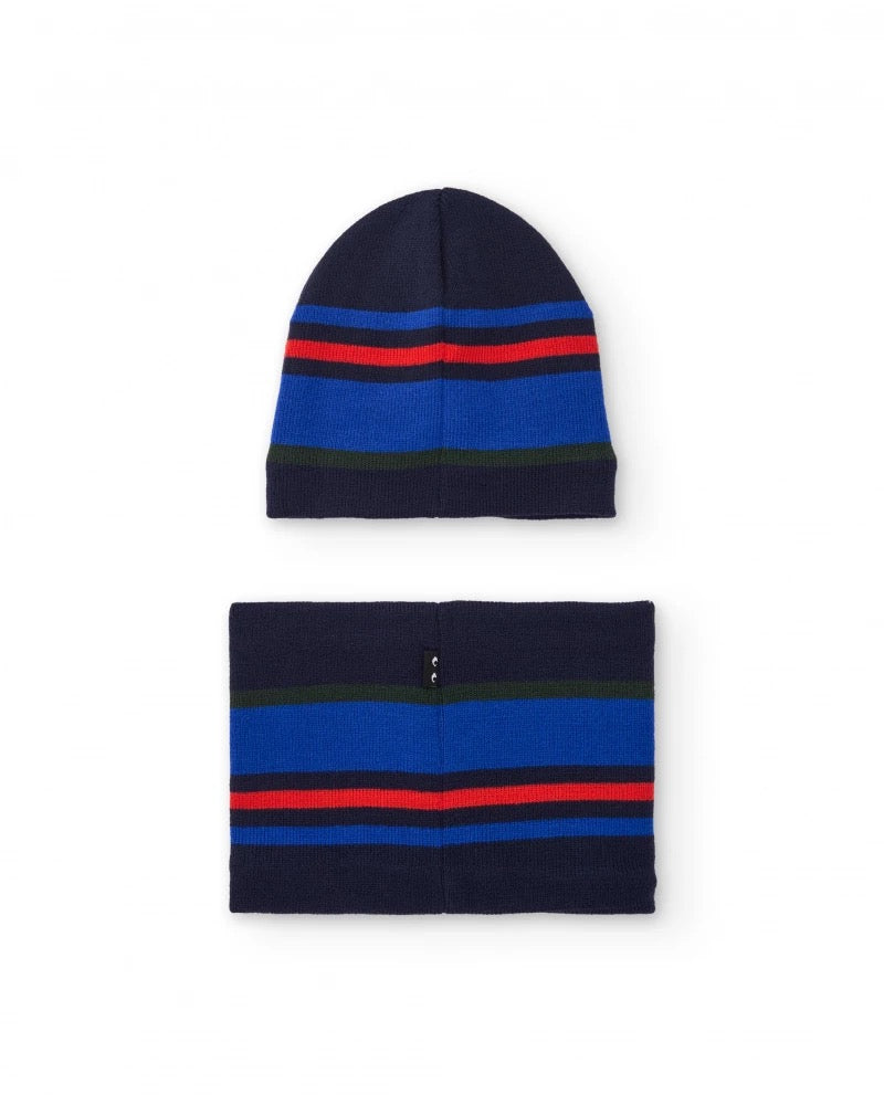 Boys’ knit hat and neck warmer set with multicolour stripes