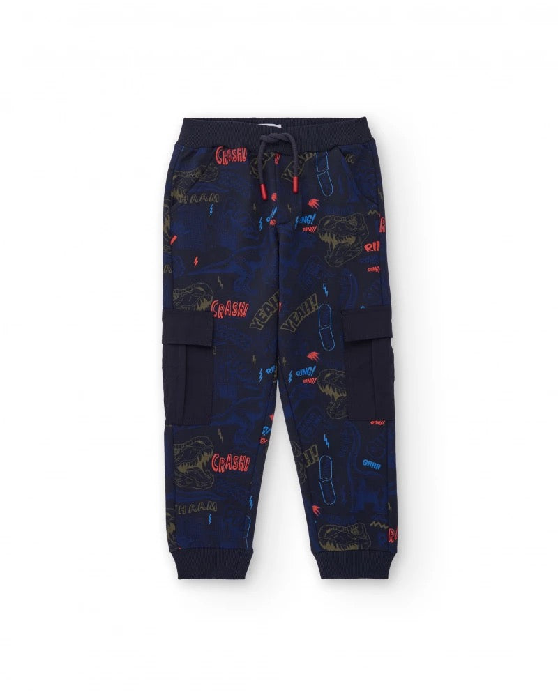 Navy blue jogger pants with dinosaur print and cargo pockets