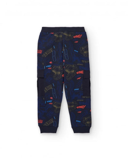 Navy blue jogger pants with dinosaur print and cargo pockets