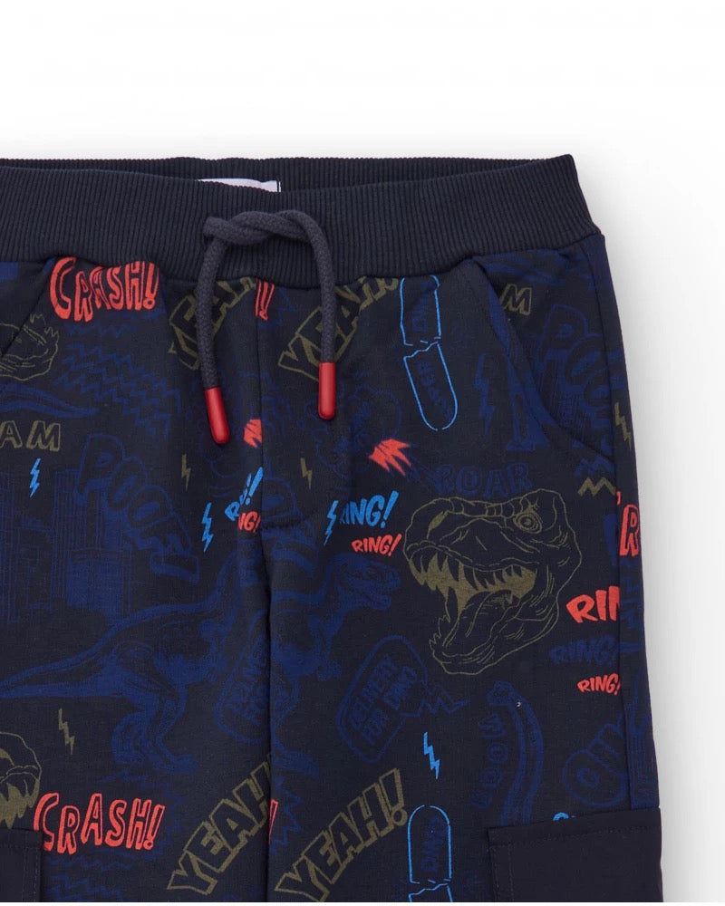 Navy blue jogger pants with dinosaur print and cargo pockets