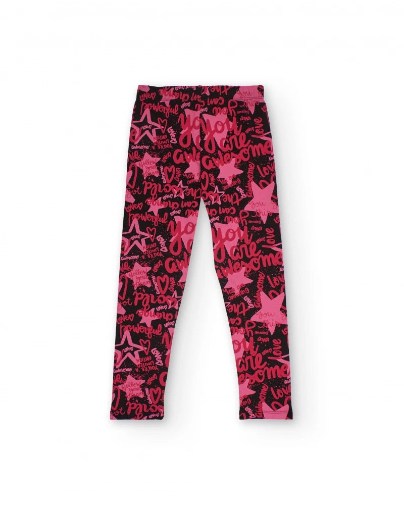 Girls' leggings with multicolor typographic print