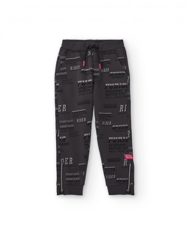 Boys' dark grey fleece pants with text print