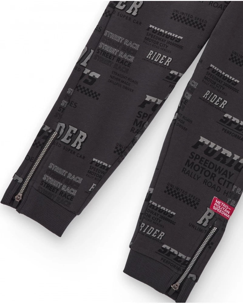 Boys' dark grey fleece pants with text print