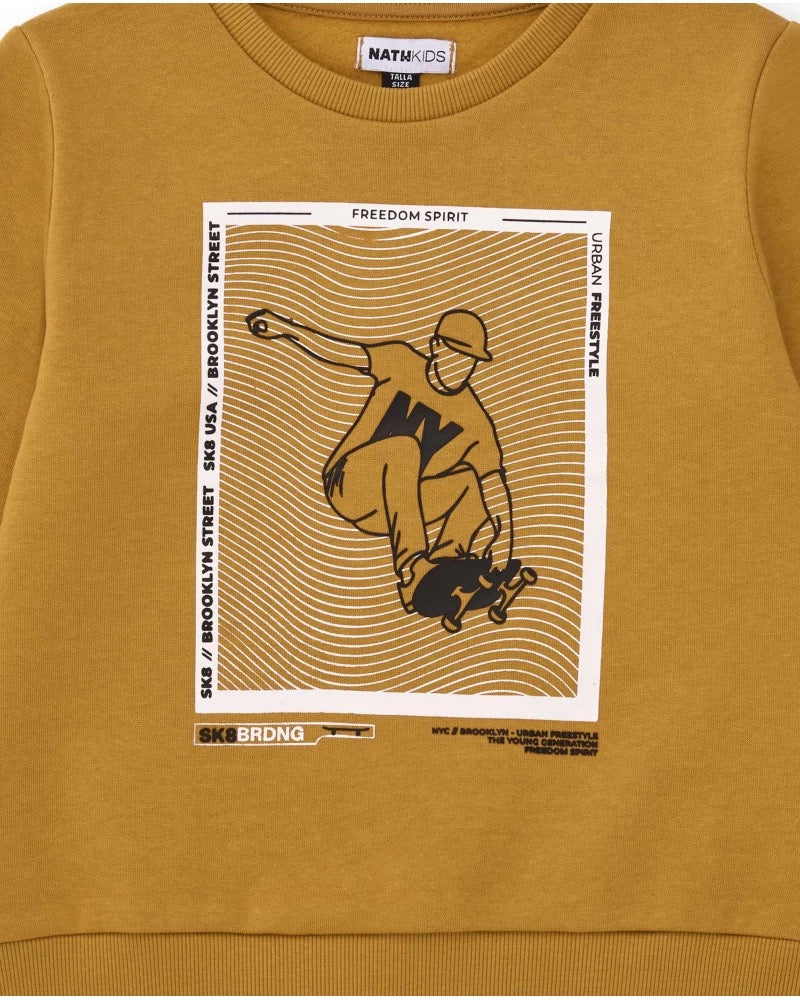 Mustard sweatshirt for boys with skater print