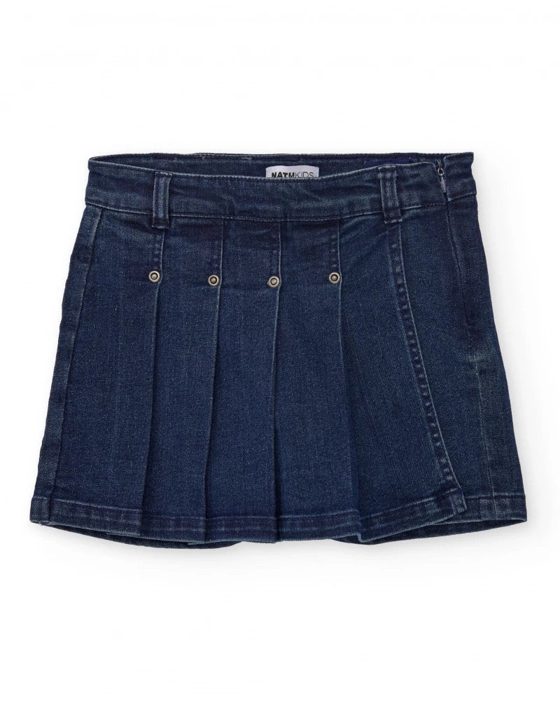 Girl’s dark blue denim-style skort with pleats