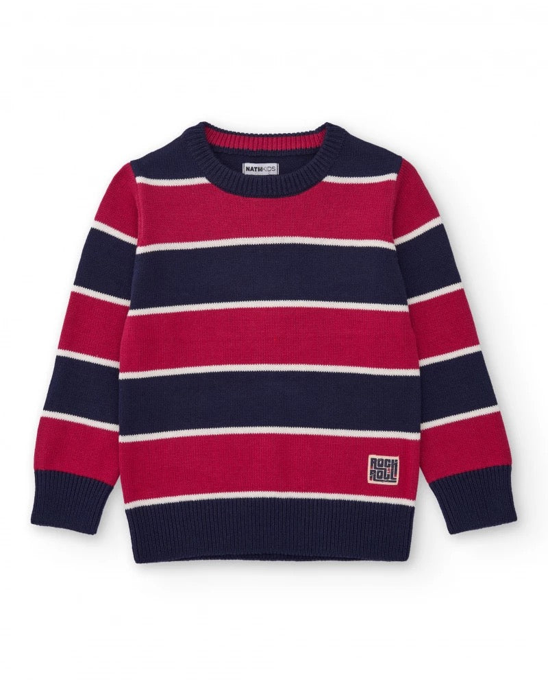 Striped sweater for boys in navy blue and red with decorative patch