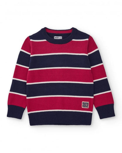 Striped sweater for boys in navy blue and red with decorative patch